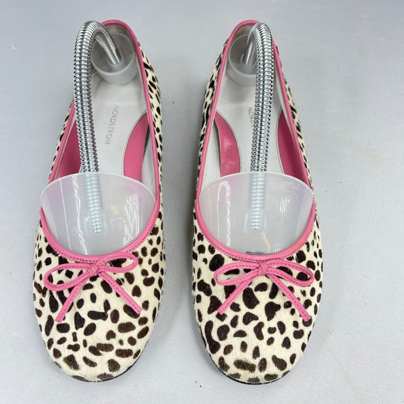 NORDSTROM Girls 3 Leather Flats Ivory Calf Hair Animal Print Pink Trim Spring - Picture 2 of 9